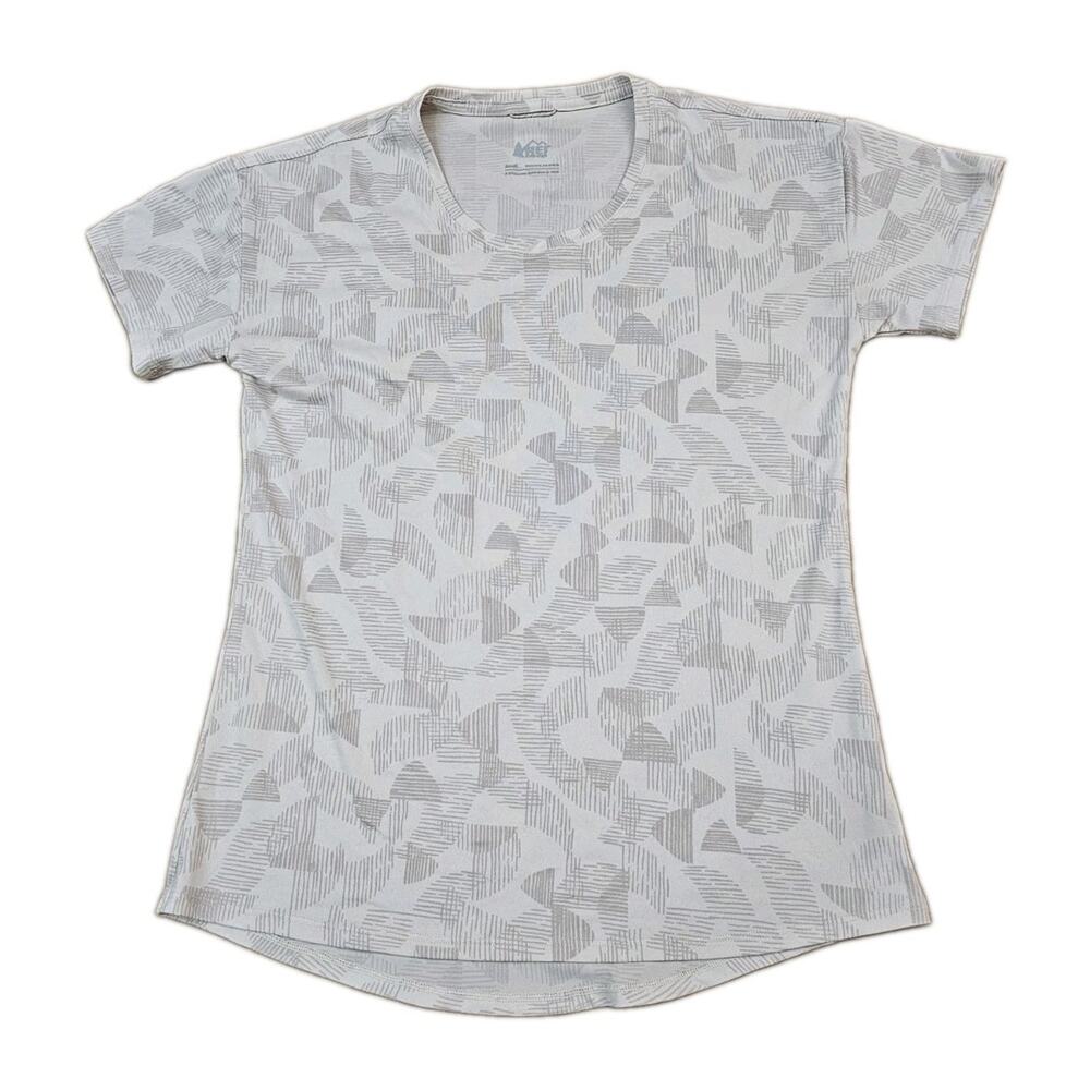 REI Co-op Women's Small Beige Geometric Crew Neck Stretch Tee Polyester/Spandex